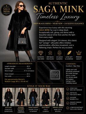 Authentic Black SAGA MINK Fur Coat | Quiet Luxury | Glossy Full Swinger | M-L